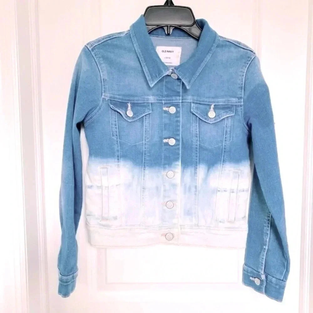 Old Navy Girls Large 10/12 Ombre Jean Jacket Dip Dye Blue White - Picture 2 of 13